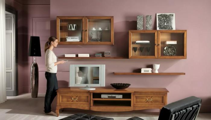 Ontwerper woonkamer 4x bruine wandkasten laag dressoir 7-delige woonwand nieuw