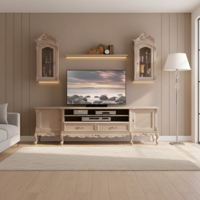 Woonwand Lowboard Modern Woonkamer Bruin Planken Hout 2x Wandvitrine Nieuw