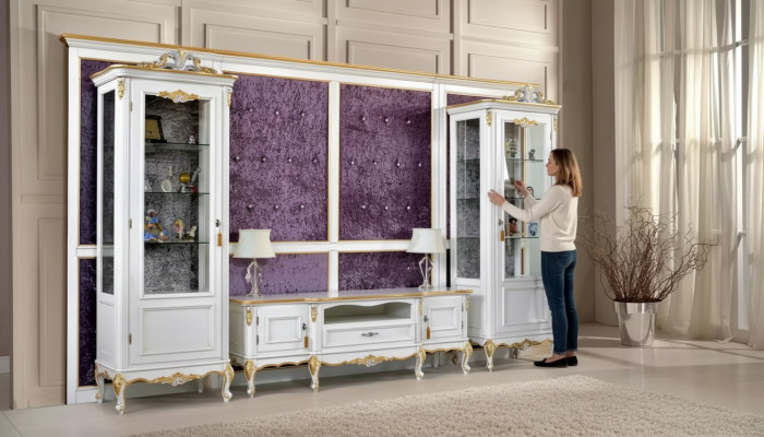 Woonkamer TV-standaard RTV 2x vitrine hout klassiek wit woonkamer nieuw