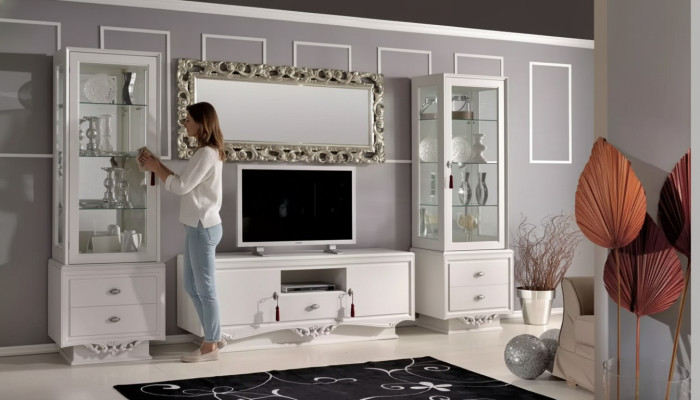 TV-stand Italiaans woonkamer 2x Vitrine Luxe tv dressoir Wit