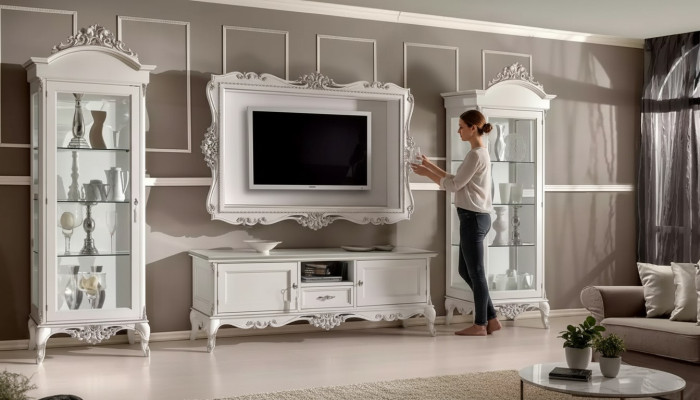 Wandmeubel Lowboard 2x Vitrine TV-frame Set 4-delig. Klassieke stijl Wit