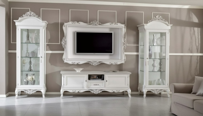 Wandmeubel Lowboard 2x Vitrine TV-frame Set 4-delig. Klassieke stijl Wit