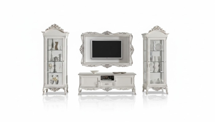 Wandmeubel Lowboard 2x Vitrine TV-frame Set 4-delig. Klassieke stijl Wit