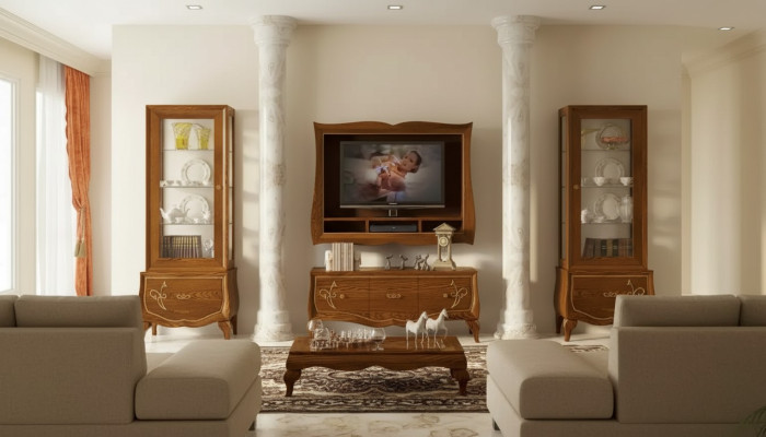 Woonkamer TV-meubel Lowboard TV-frame 2x vitrine Bruin Woonkamerset 4-delig