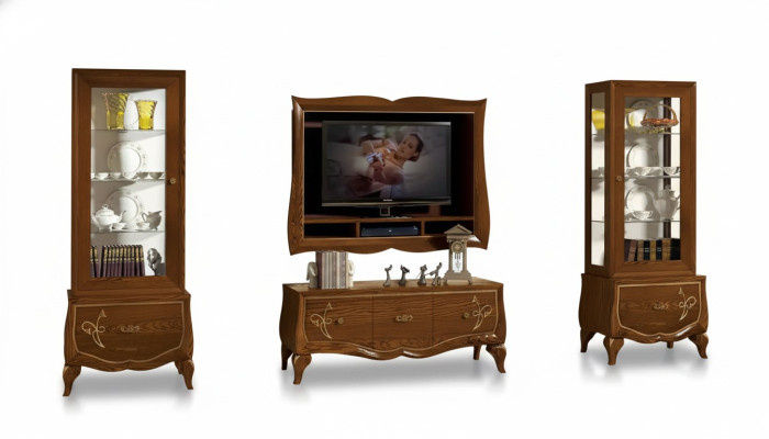 Woonkamer TV-meubel Lowboard TV-frame 2x vitrine Bruin Woonkamerset 4-delig