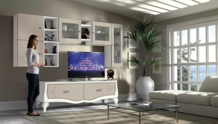 Woonkamer luxe set met vitrine, TV-meubel en wandplank, 5 delig. Nieuw.