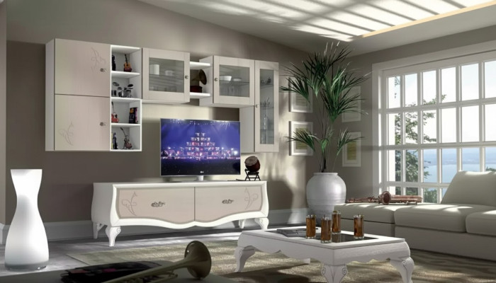 Woonkamer luxe set met vitrine, TV-meubel en wandplank, 5 delig. Nieuw.