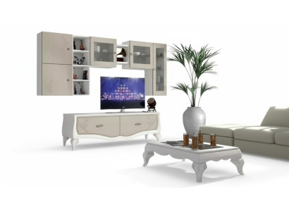Woonkamer luxe set met vitrine, TV-meubel en wandplank, 5 delig. Nieuw.