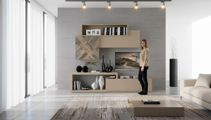 TV laagbord RTV wandplanken woonkamer hout luxe woonwand meubels.