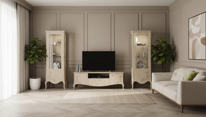 Woonkamer RTV vitrine dressoir plank luxe woonkamer beige set 3-delig. -> Woonkamer RTV vitrine dressoir plank luxe woonkamer beige set van 3 stuks.