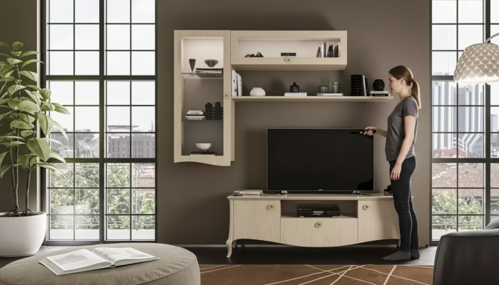 Luxe tv-stand woonkamer tv Lowboard wandplanken Beige woonwand Nieuw