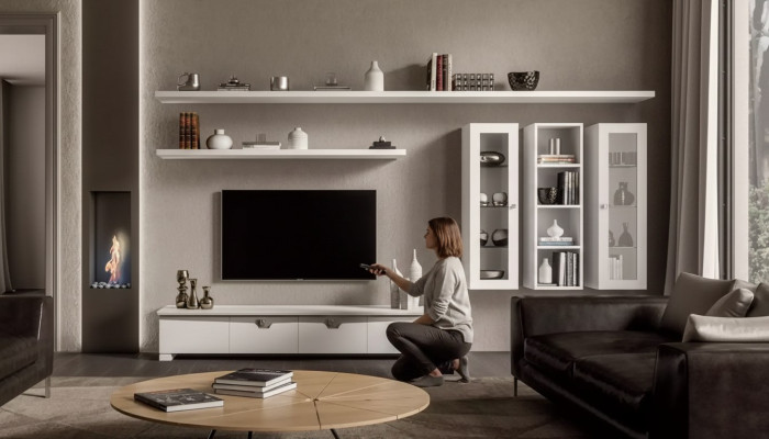 Woonkamer Lowboard Woonwand Houten Kast Design Wit Modern Set 6-delig.