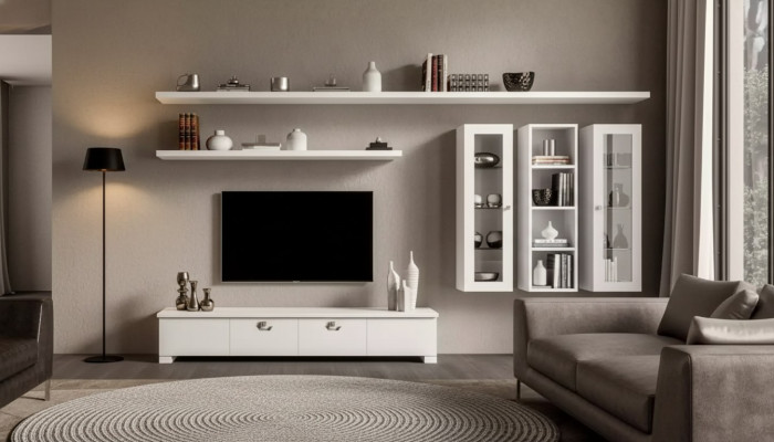 Woonkamer Lowboard Woonwand Houten Kast Design Wit Modern Set 6-delig.