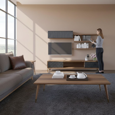 Volledige woonwand wandkast houten meubels Modern Set 5-delig 3x wandplanken Nieuw