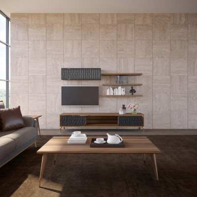 Volledige woonwand wandkast houten meubels Modern Set 5-delig 3x wandplanken Nieuw