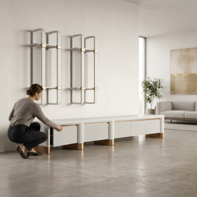 Woonkamer houten meubels tv-standaard Design 2x wandplanken Modern inrichting