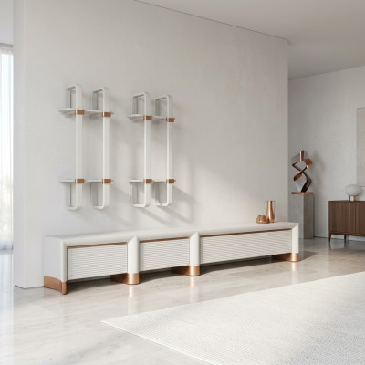 Woonkamer houten meubels tv-standaard Design 2x wandplanken Modern inrichting