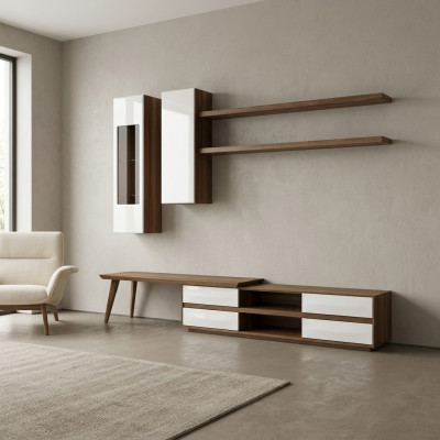 Wandmeubel set 5-delig houten meubilair TV-standaard + salontafel Modern 2x wandplanken