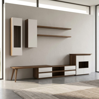 Woonkamer Compleet Set 7-delig TV-standaard + Salontafel Houten Meubels Vitrine Modern