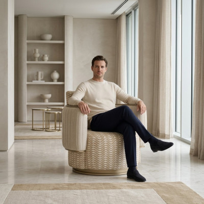 Beige fauteuil woonkamer luxe gestoffeerde meubels design moderne inrichting nieuw.