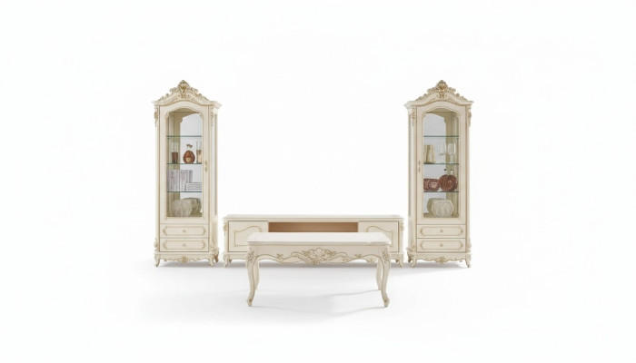 Woonkamerset met elegant klassiek meubilair tv-standaard 2x vitrine salontafel.