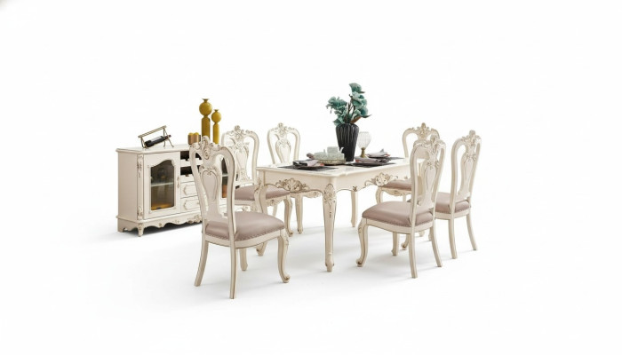 Eetkamerset meubels voor uw interieur, parelwitte klassieke meubels van 8 stuks.