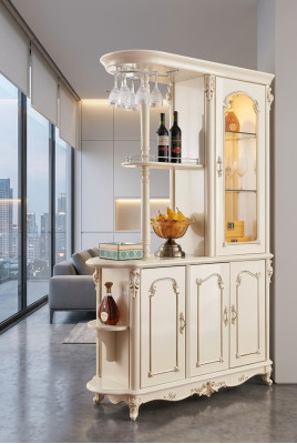 Drinks kast voor de eetkamer, klassieke parelwitte meubels, nieuwe luxe.