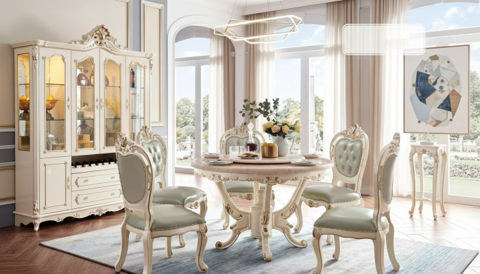 Parelwit eetkamer set Eettafel 6x Stoelen Vitrine 8-delige luxe set