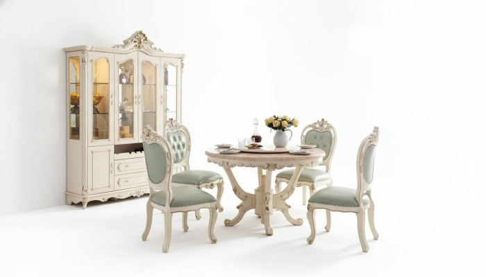 Parelwit eetkamer set Eettafel 6x Stoelen Vitrine 8-delige luxe set