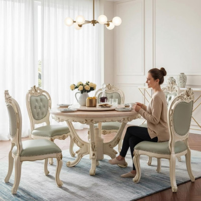Eetkamerset 7-delig houten klassiek meubilair Eettafel + 6x Stoelen Luxe