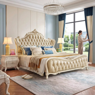 Slaapkamerset klassiek bed chesterfield 2x nachtkastjes massief hout 3-delig