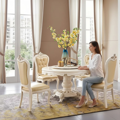 Klassieke lichte beige eetkamerset Luxe ronde eettafel en x4 Chesterfield stoelen 5-delige set.