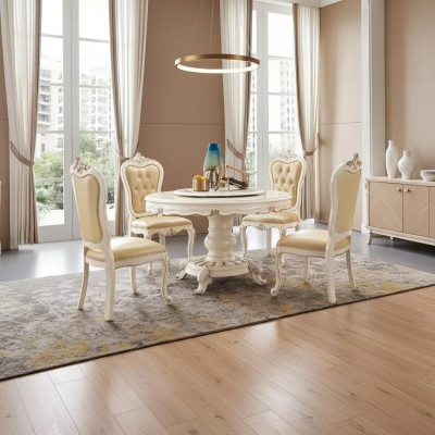 Klassieke lichte beige eetkamerset Luxe ronde eettafel en x4 Chesterfield stoelen 5-delige set.