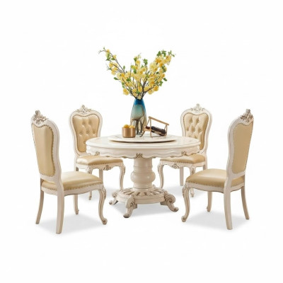 Klassieke lichte beige eetkamerset Luxe ronde eettafel en x4 Chesterfield stoelen 5-delige set.