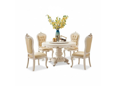 Klassieke lichte beige eetkamerset Luxe ronde eettafel en x4 Chesterfield stoelen 5-delige set.