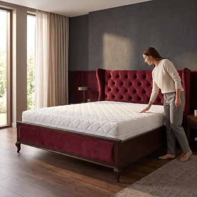 Klassieke Chesterfield-stijl bedden Luxe tweepersoonsbed Houten meubels Rood fluweel