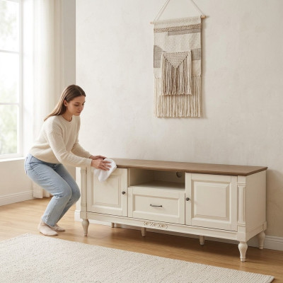 Tv-standaard, dressoir, houten tafel, wandplank, modern tv-standaardontwerp.
