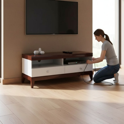 Woonkamer tv-standaard televisie wit dressoir kast meubels hout.  (de) Wohnzimmer TV-Ständer Fernsehen weißer Sideboard Schrank Möbel Holz.
