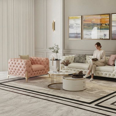 Woonkamerset Design Chesterfield leren bankstel met zitkussens, 2-delig.