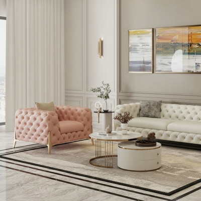 Woonkamerset Design Chesterfield leren bankstel met zitkussens, 2-delig.