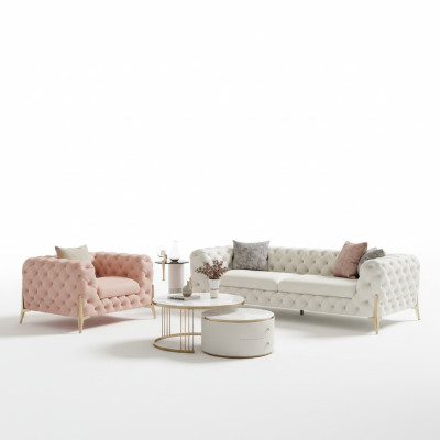 Woonkamerset Design Chesterfield leren bankstel met zitkussens, 2-delig.