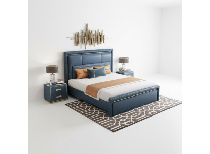 Slaapkamer set Bed 2x Nachtkastje 3-delig Ontwerp Modern Luxe Blauw Goud