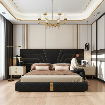 Ontwerper Bed Bedden Gestoffeerd Bed Metaal Goud 180x200 Huwelijksbed Tweepersoonsbed