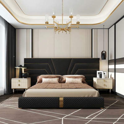 Ontwerper Bed Bedden Gestoffeerd Bed Metaal Goud 180x200 Huwelijksbed Tweepersoonsbed