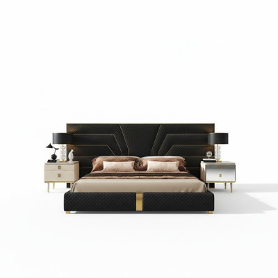 Ontwerper Bed Bedden Gestoffeerd Bed Metaal Goud 180x200 Huwelijksbed Tweepersoonsbed