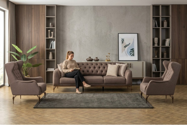 Beige Chesterfield woonkamerset met 3+1 zits luxe bank nieuw.