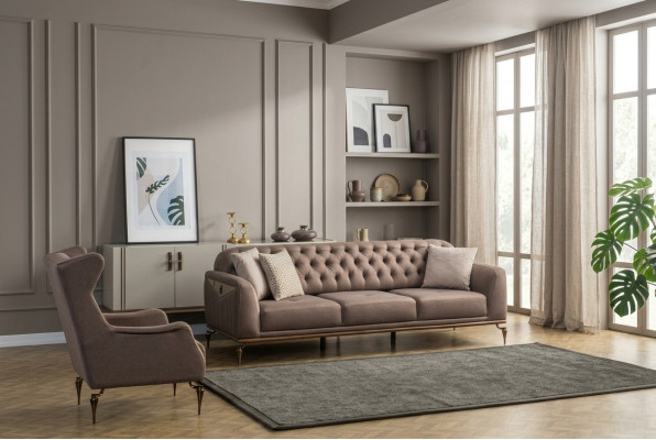 Beige Chesterfield woonkamerset met 3+1 zits luxe bank nieuw.