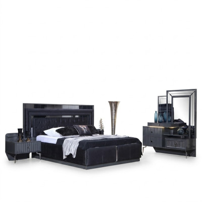 Compleet Zwarte Slaapkamerset Luxe Tweepersoonsbed Nachtkastjes 4-delig