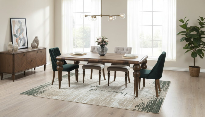 Klassieke eetkamer houten set Eettafel 6x Gestoffeerde stoelen 7-delig set