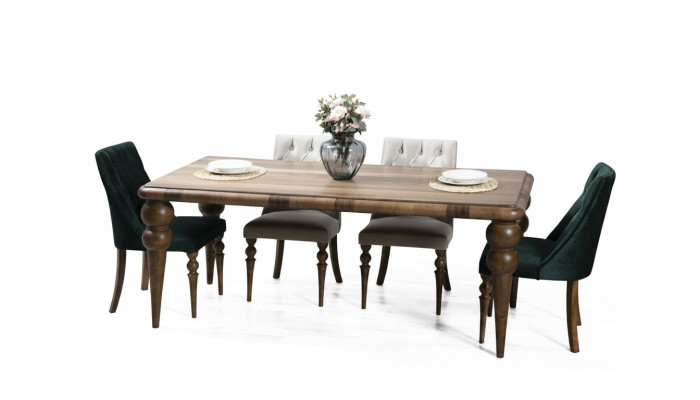 Klassieke eetkamer houten set Eettafel 6x Gestoffeerde stoelen 7-delig set